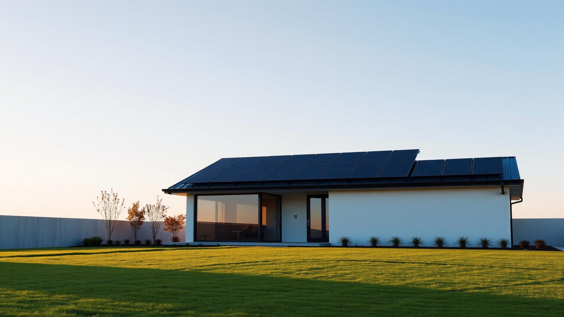 Home with a rooftop solar array at sunset
